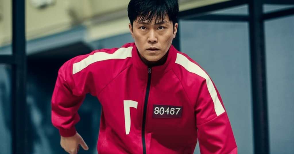 Squid Game Player in Red Tracksuit - Intense Training Scene